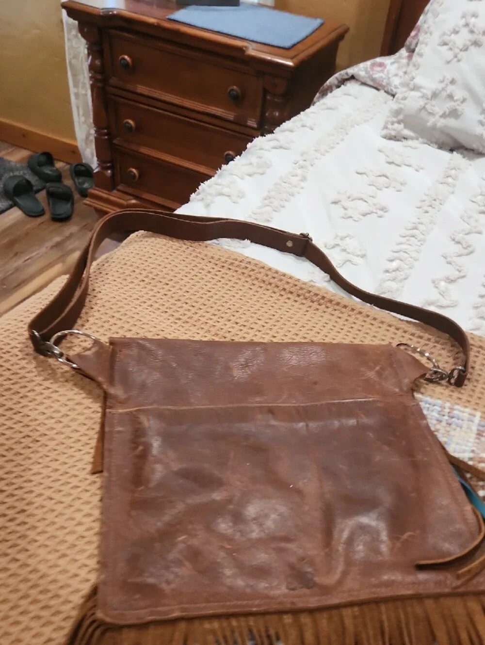 Brown Leather Fringe Crossbody Bag with Teal Croc Accent